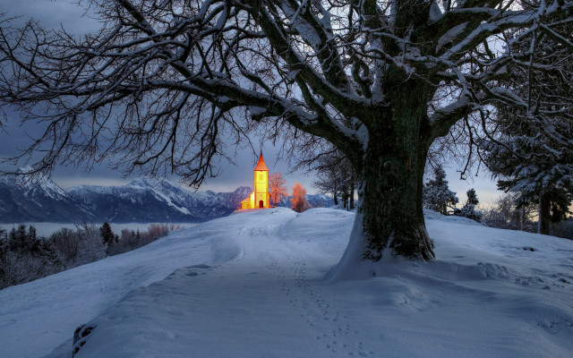 Church tower snow trees mountains free wallpaper - medium preview image