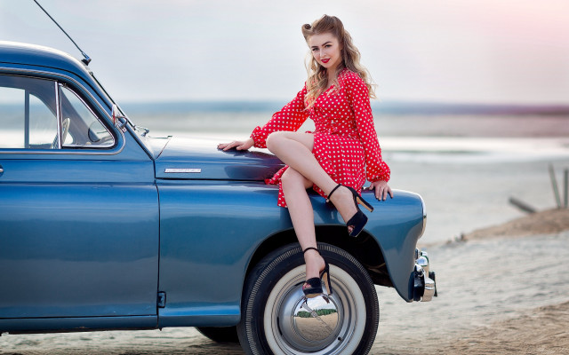 Woman red dress blue car free wallpaper - medium preview image