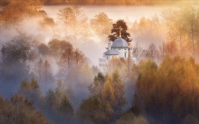 Church forest fog autumn magic free wallpaper - medium preview image