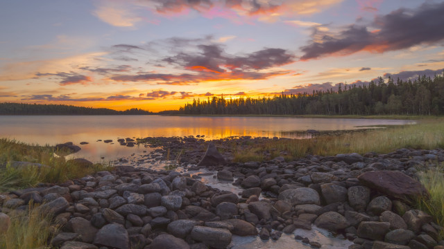 Sunset lake rocks grass forest free wallpaper - medium preview image