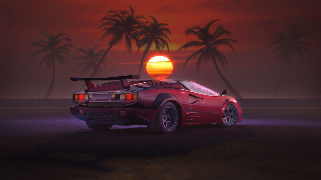 Red sports car sunset palm free wallpaper - medium preview image