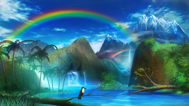 Bird waterfall rainbow fantasy painting free wallpaper - medium preview image