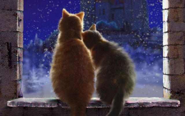 Cats window castle snow night free wallpaper - medium preview image