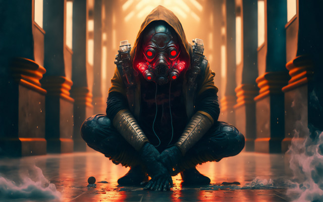 Gas mask man crouch smoke free wallpaper - medium preview image