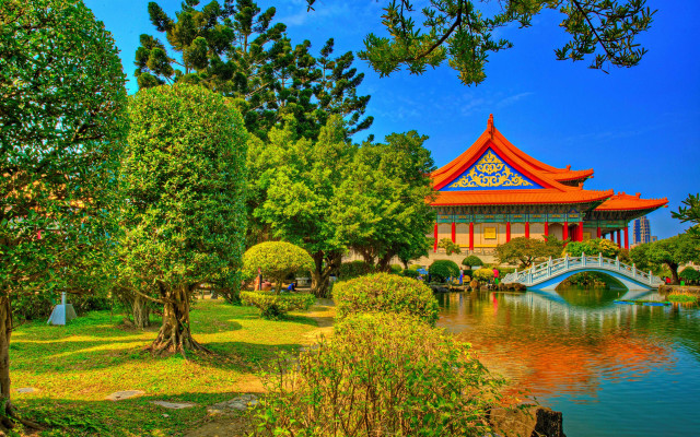 Autumn bridge building pond park free wallpaper - medium preview image