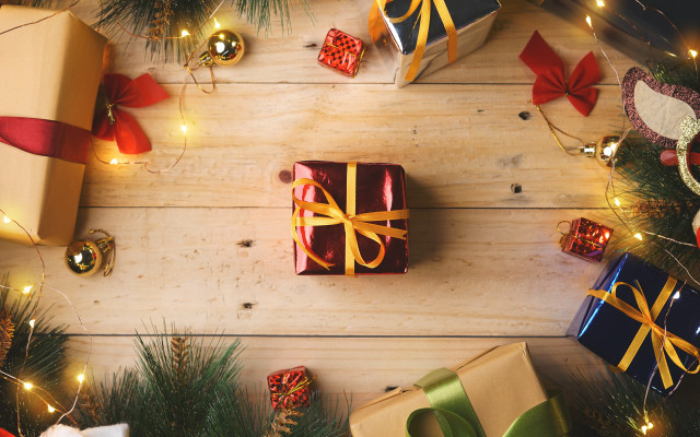 Wooden table christmas presents lights free wallpaper - medium preview image