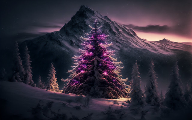Christmas tree snow mountains purple free wallpaper - medium preview image