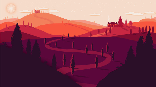 Hill house trees sunset illustration free wallpaper - medium preview image