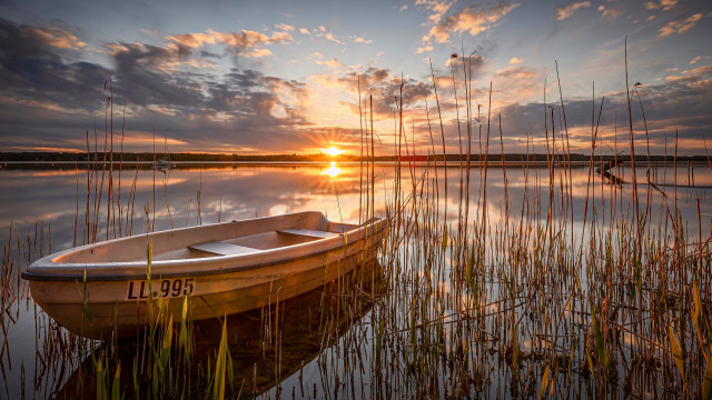 Small boat lake sunset bridge free wallpaper - medium preview image