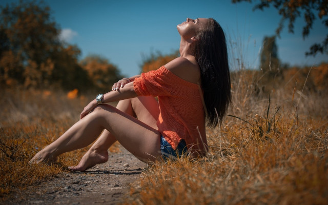 Woman sitting grass autumn sky free wallpaper - medium preview image