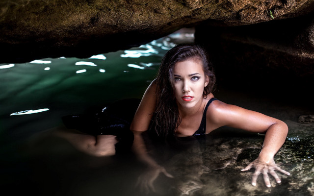 Woman black bikini cave water free wallpaper - medium preview image