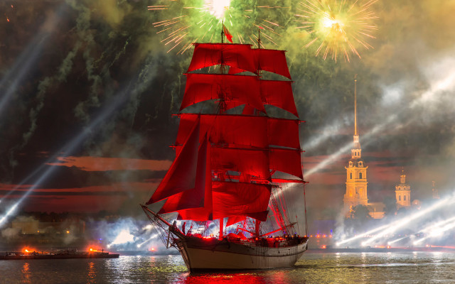 Red sailboat fireworks castle mountains free wallpaper - medium preview image