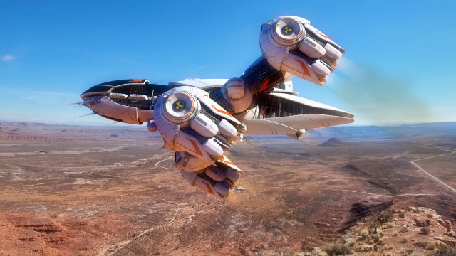 Futuristic plane desert mountains blue free wallpaper - medium preview image