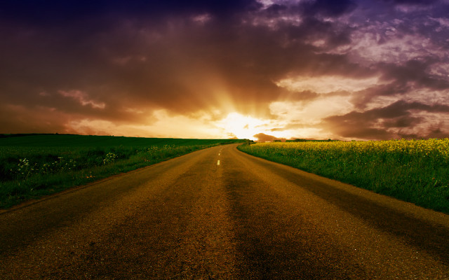 Road field sky clouds sunset free wallpaper - medium preview image