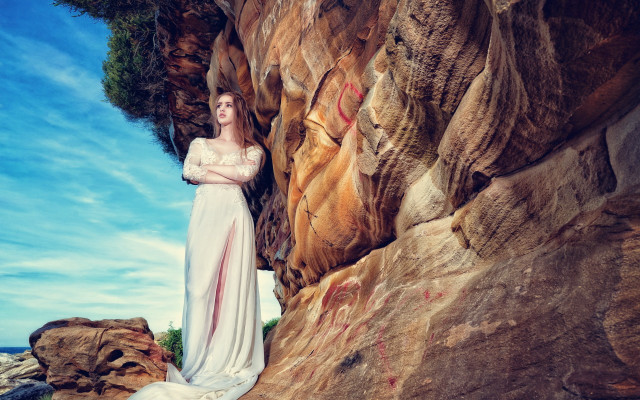 Woman white dress rock ocean free wallpaper for desktop - medium preview image