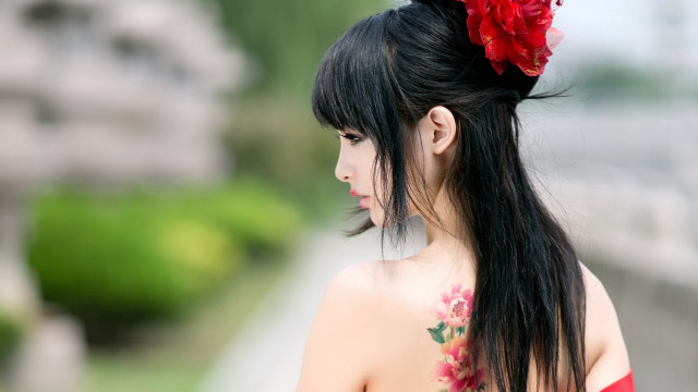 Woman flower hair tattoo bokeh free wallpaper - medium preview image