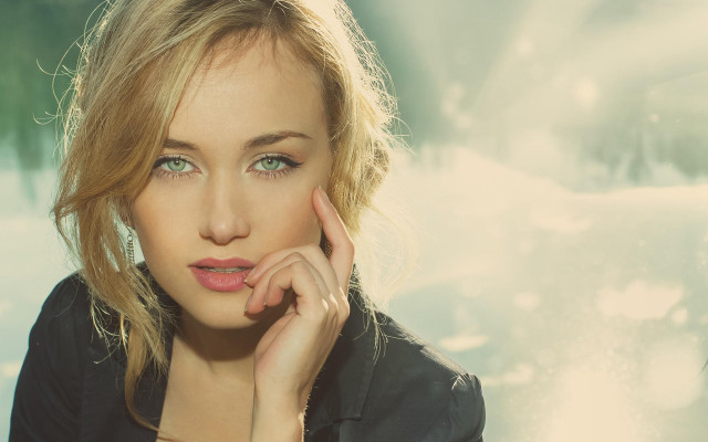Woman blackjacket waterfall portrait realistic free wallpaper - medium preview image