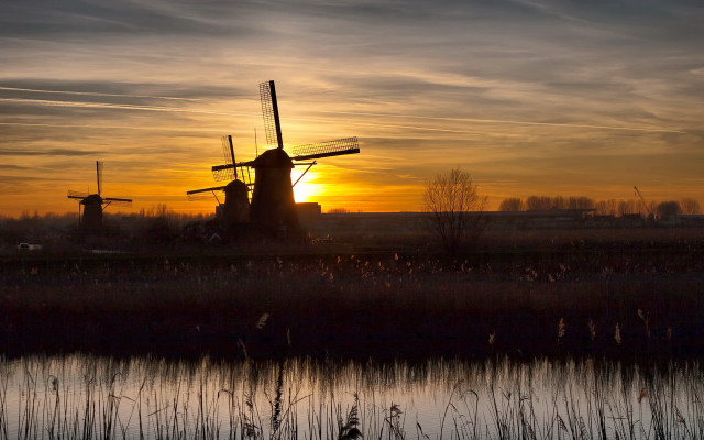 Windmill sunset reflection beach cityscape free wallpaper - medium preview image