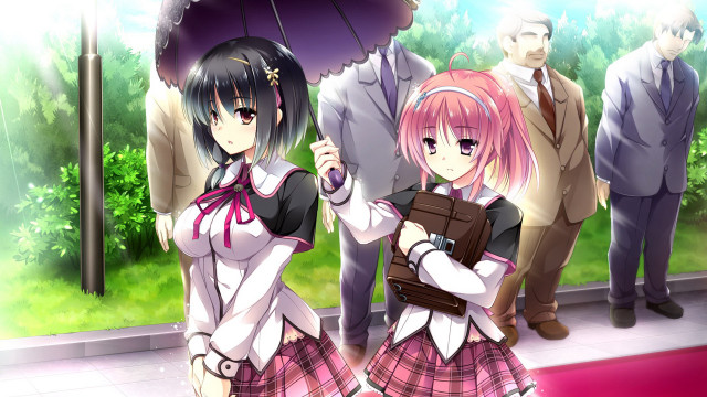 Anime girls umbrella park school free wallpaper for desktop - medium preview image
