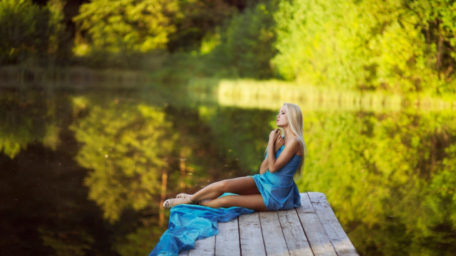 Woman blue dress dock lake free wallpaper - medium preview image