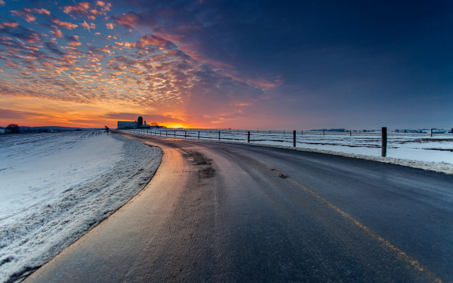 Sunset fence road building snow free wallpaper - medium preview image