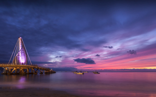 Pier purple light sunset boats free wallpaper - medium preview image