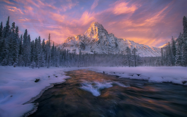 Mountain river snow trees dusk free wallpaper - medium preview image