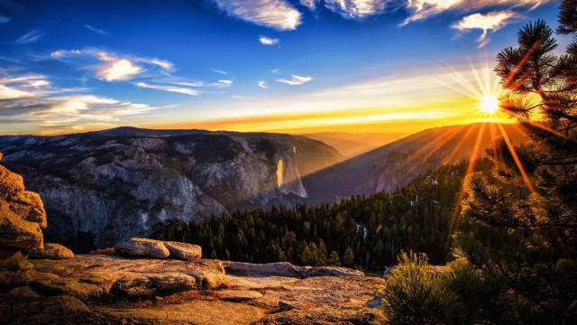 Sunset mountain trees sunlight clouds free wallpaper - medium preview image