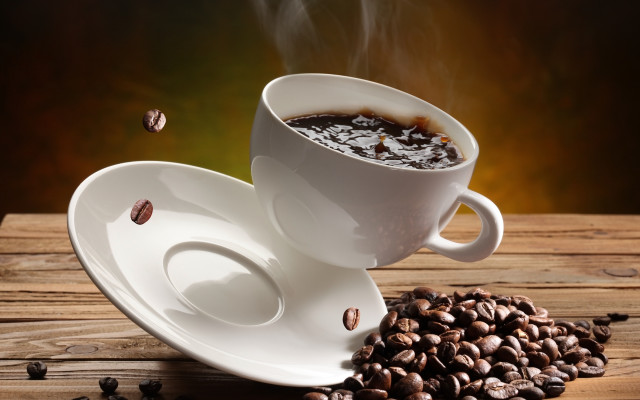 Coffee beans steam wooden table free wallpaper - medium preview image