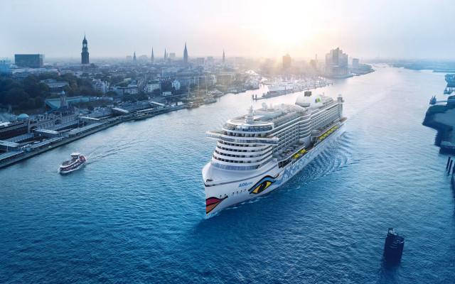 Cruise ship city river bridge free wallpaper - medium preview image