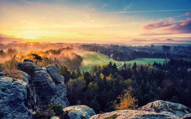 Scenic valley trees mountains sunset free wallpaper - medium preview image