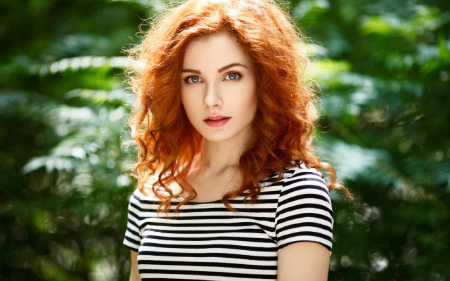 Red haired woman striped shirt free wallpaper - medium preview image