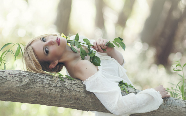Young girl tree branch posing free wallpaper - medium preview image