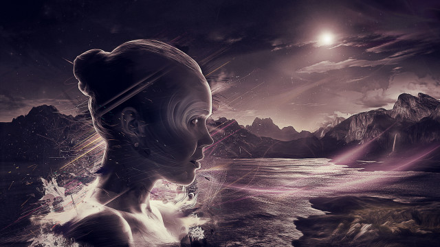 Woman mountains moon psychedelic city free wallpaper - medium preview image