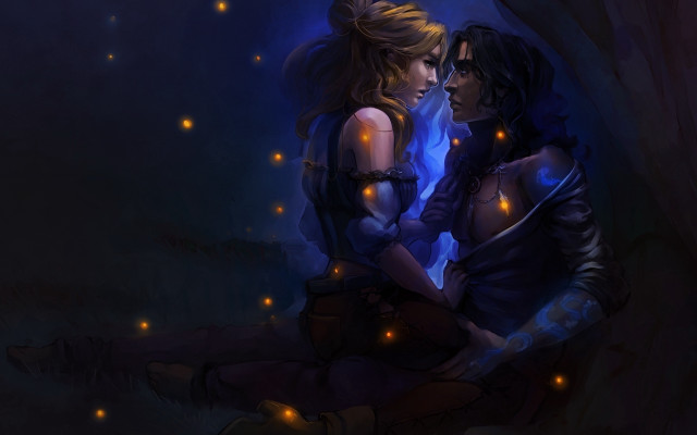 Cave fireflies twowomen bareshoulders fantasy free wallpaper - medium preview image