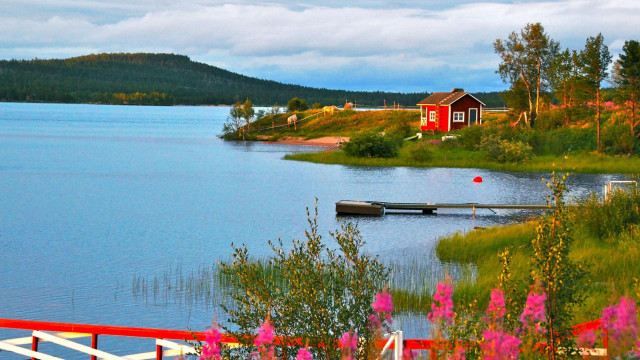 Lake dock red house fence free wallpaper - medium preview image