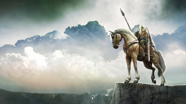Man horse spear cliff cloud free wallpaper - medium preview image