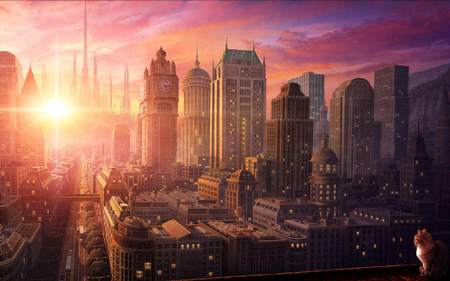 Cat city sunset clock tower free wallpaper - medium preview image
