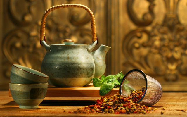 Tea pot teacup strainer wooden free wallpaper - medium preview image
