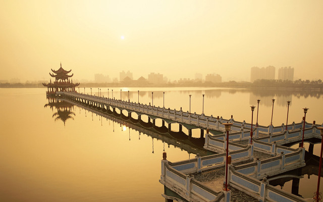 Pier pagoda lake boats architecture free wallpaper - medium preview image