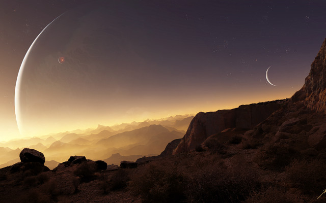 Distant planet city mountain moon free wallpaper - medium preview image