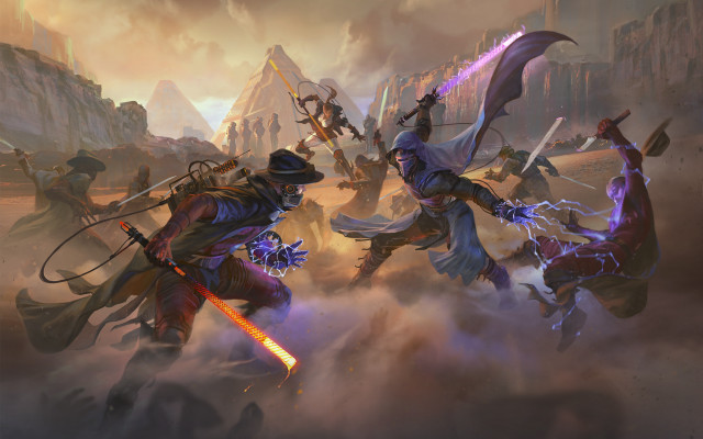 Desert fantasy armor swords mountains free wallpaper - medium preview image