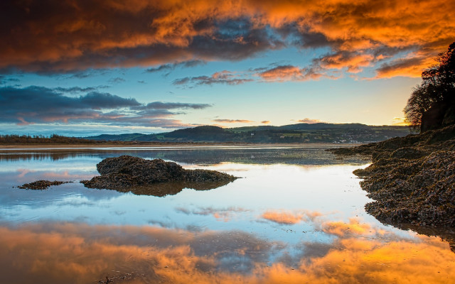 Lake rock sunset clouds mooring free wallpaper - medium preview image