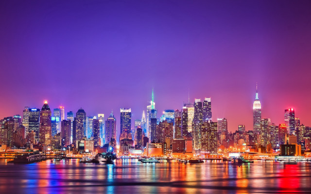City skyline night reflections boat free wallpaper - medium preview image