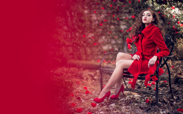 Woman red dress park roses free wallpaper - medium preview image