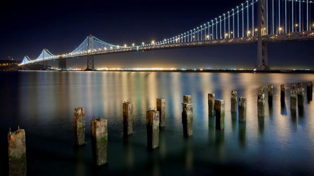 Bridge water night lights poles free wallpaper - medium preview image