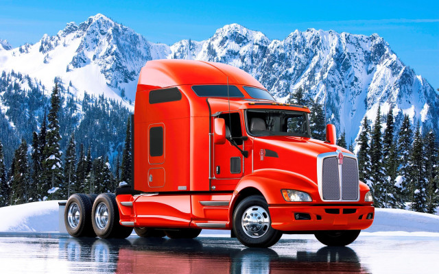 Red semi truck mountain snowy free wallpaper - medium preview image