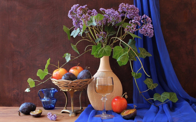 Vase flowers fruit table blue free wallpaper - medium preview image