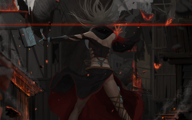Woman red dress sword flames free wallpaper - medium preview image