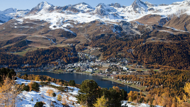 Panoramic town mountains lake autumn free wallpaper - medium preview image